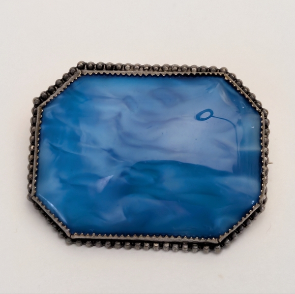 Vintage Marbled Blue Art Glass Cabochon Brooch Simple Silver Tone Setting Czech? - Picture 13 of 13